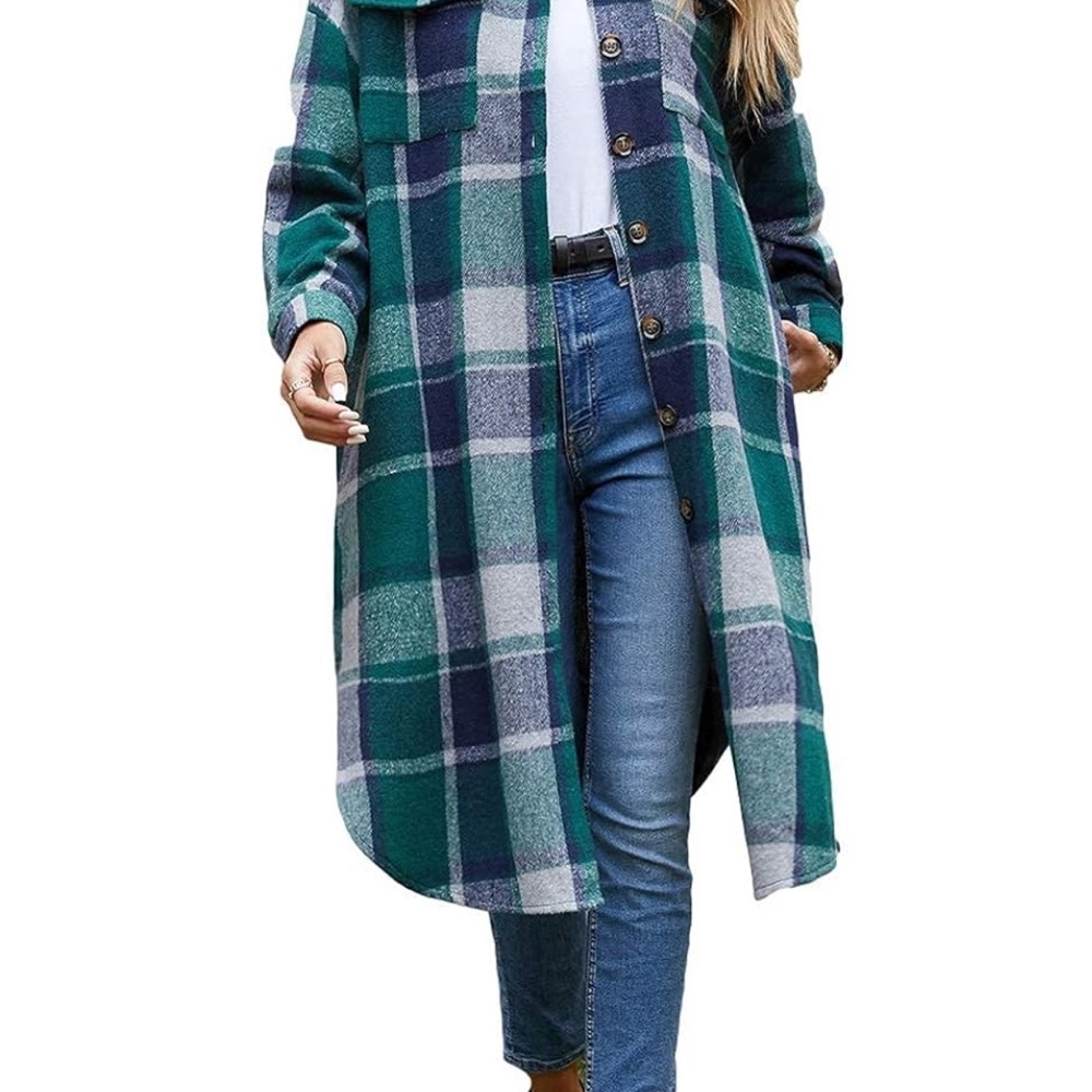Women's Flannel Plaid Shacket Fall Oversized Long Button down Shirt Jacket